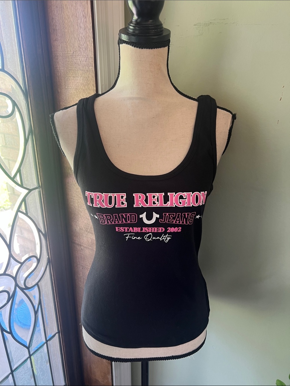 True Religion Black Tank with Pink and White Logo